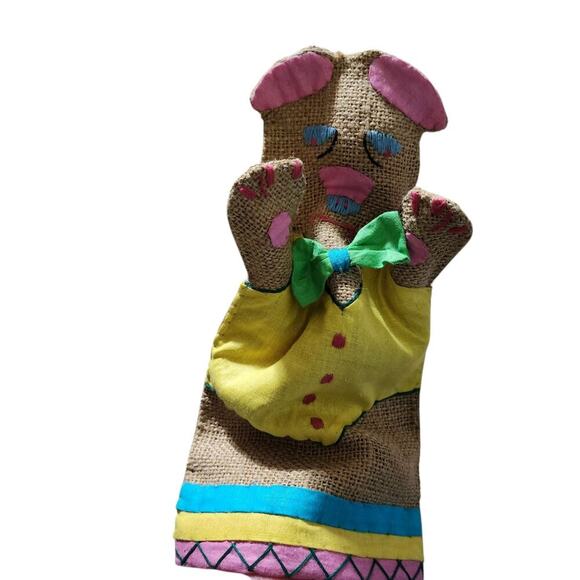 Vtg Handmade Burlap Lion Pig Hand Puppets Patchwork Embroidered Primitive - Picture 4 of 5